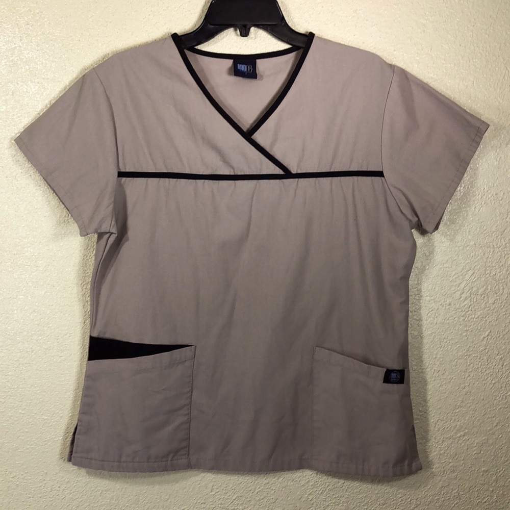 MedGear Nurse Scrubs Top Blouse S  Tan/Beige Black Accents Pullover Short Sleeve